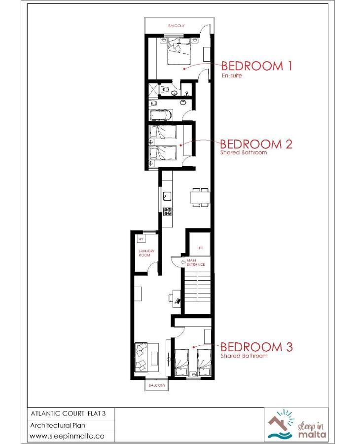 F3 3, Private Two Single Beds Shared Bathroom Msida